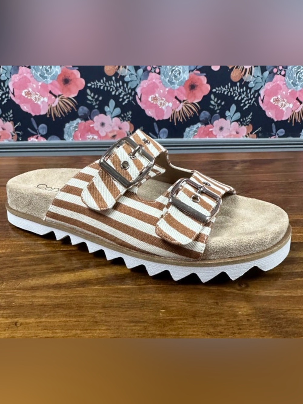 Corkys Brown & White Striped Double Buckle Slides